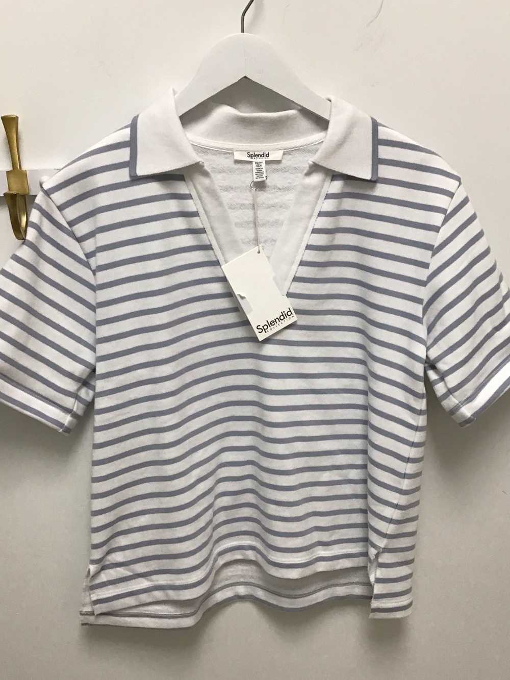 Splendid White and Light Blue Striped V‑Neck Polo